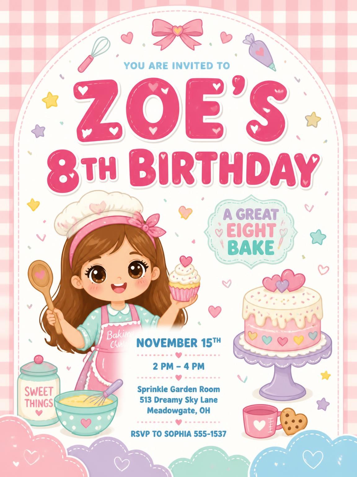 Kawaii Baker 8th Birthday Invitation