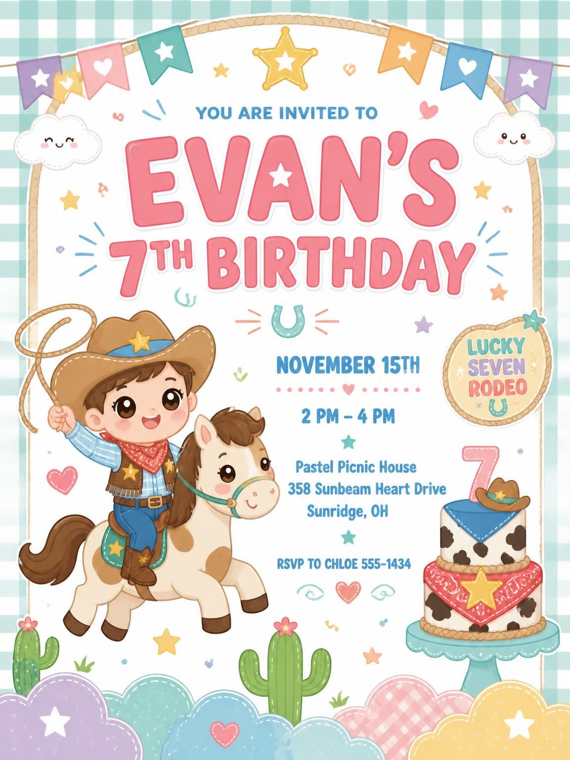 Cowboy Kawaii Pastel 7th Birthday Invitation