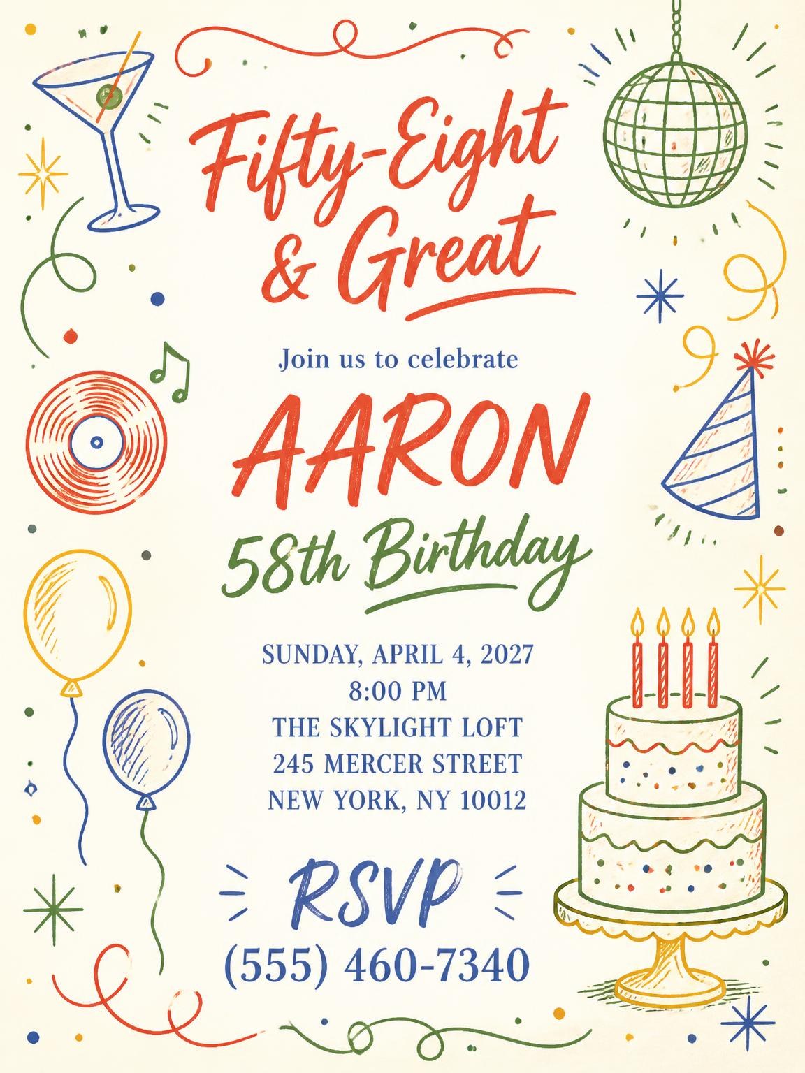 Retro Doodle 58th Birthday Invitation