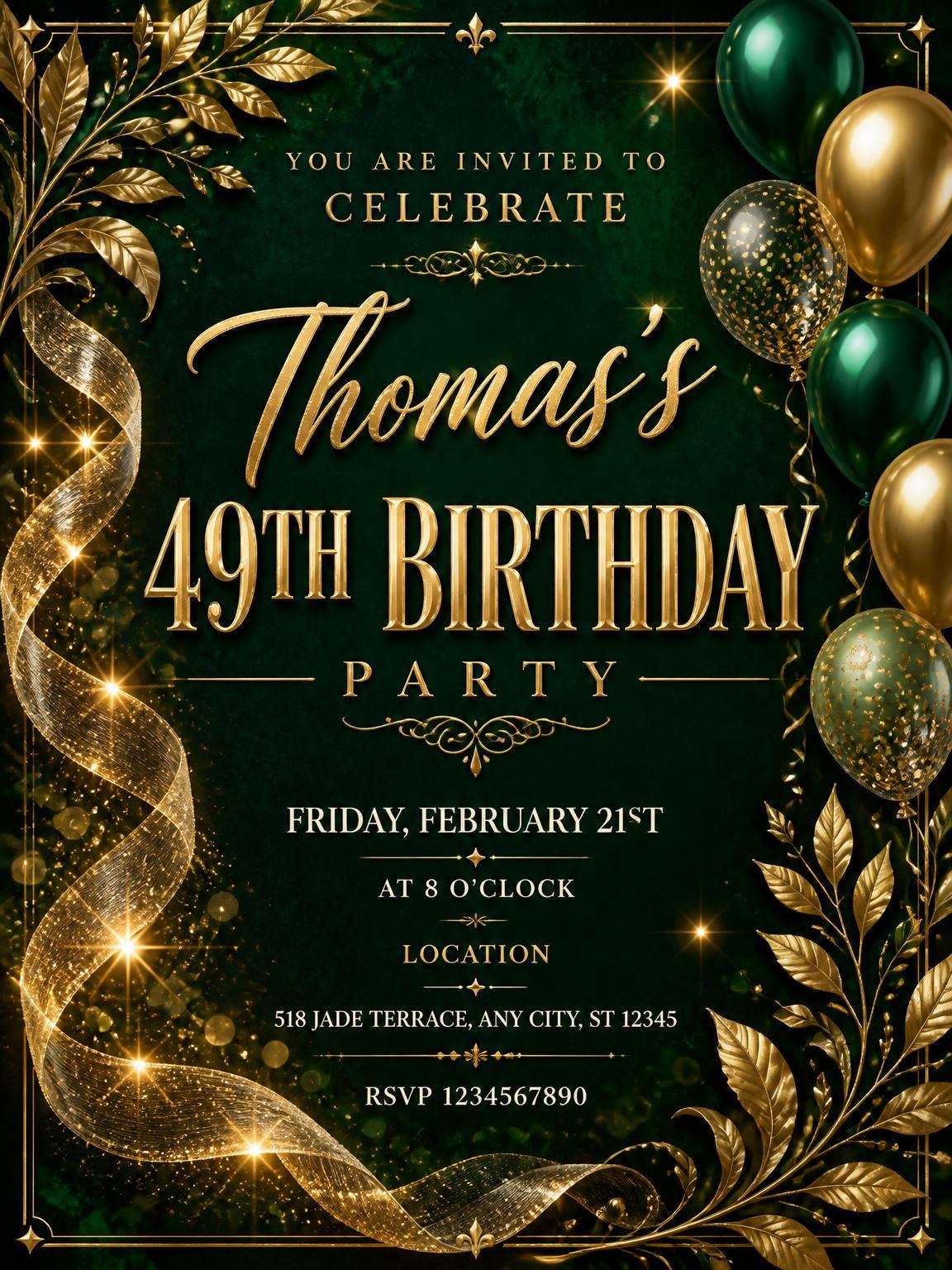 Emerald and Champagne 49th Birthday Invitation