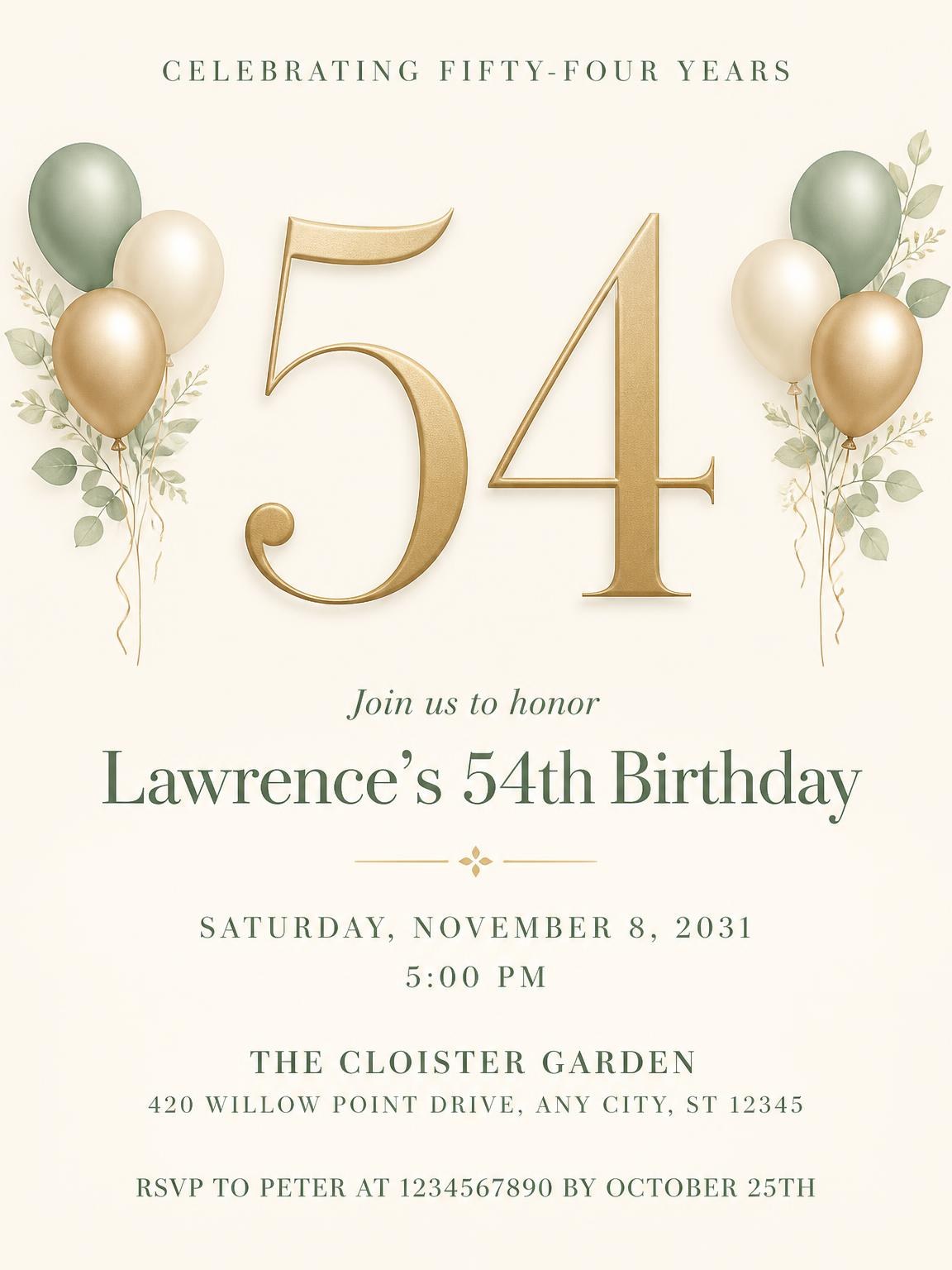 Sage and Ivory 54th Birthday Invitation