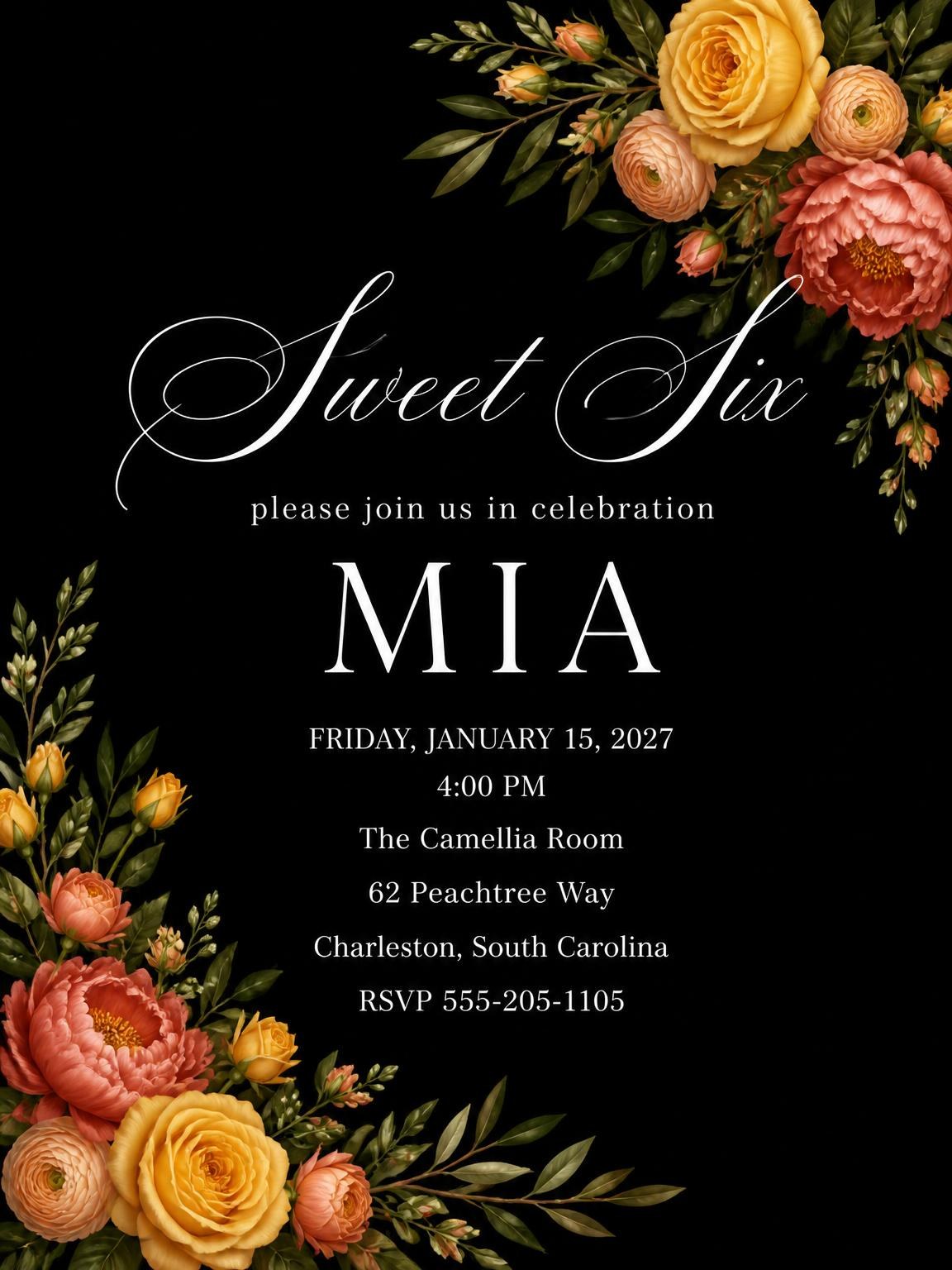 Black Floral 6th Birthday Invitation