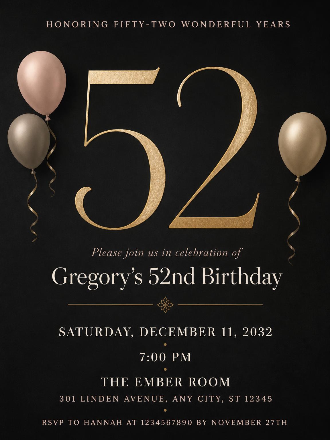 Charcoal and Blush 52nd Birthday Invitation