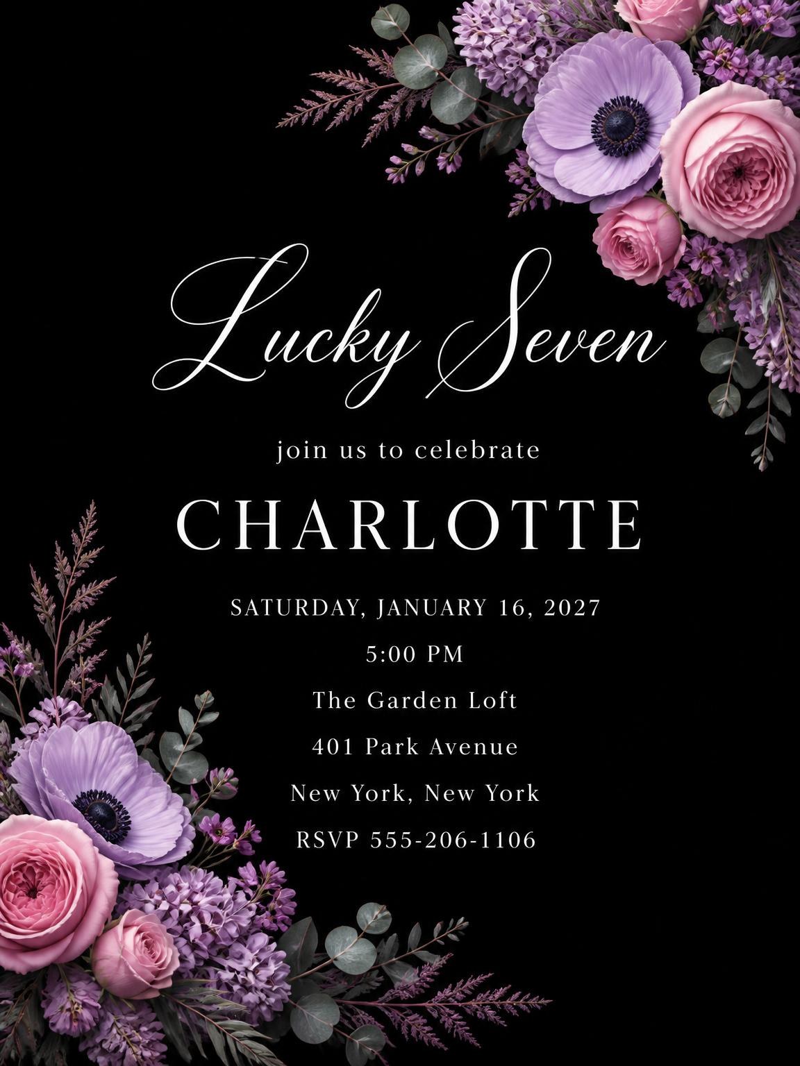 Black Floral 7th Birthday Invitation
