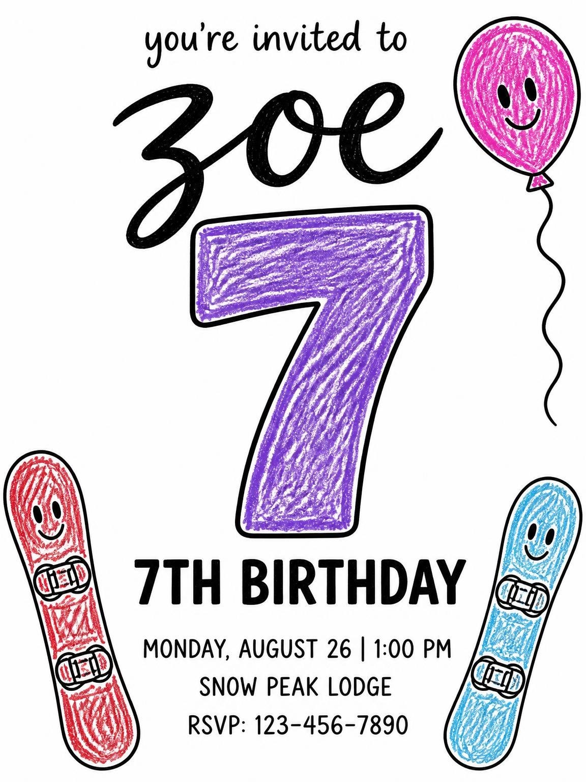 Crayon Snowboard Illustration 7th Birthday Invitation