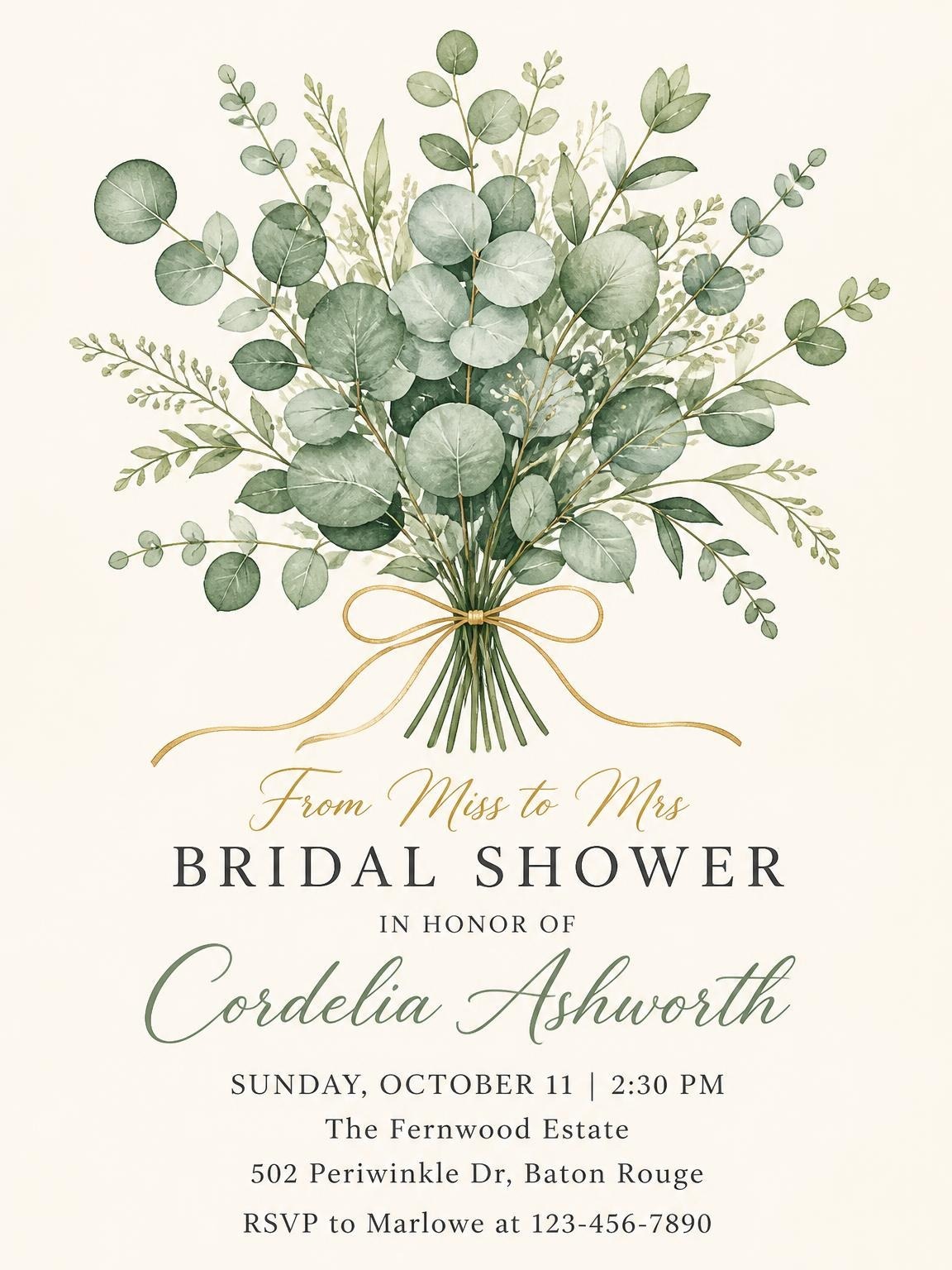 Watercolor Eucalyptus Gold Ribbon Bridal Shower