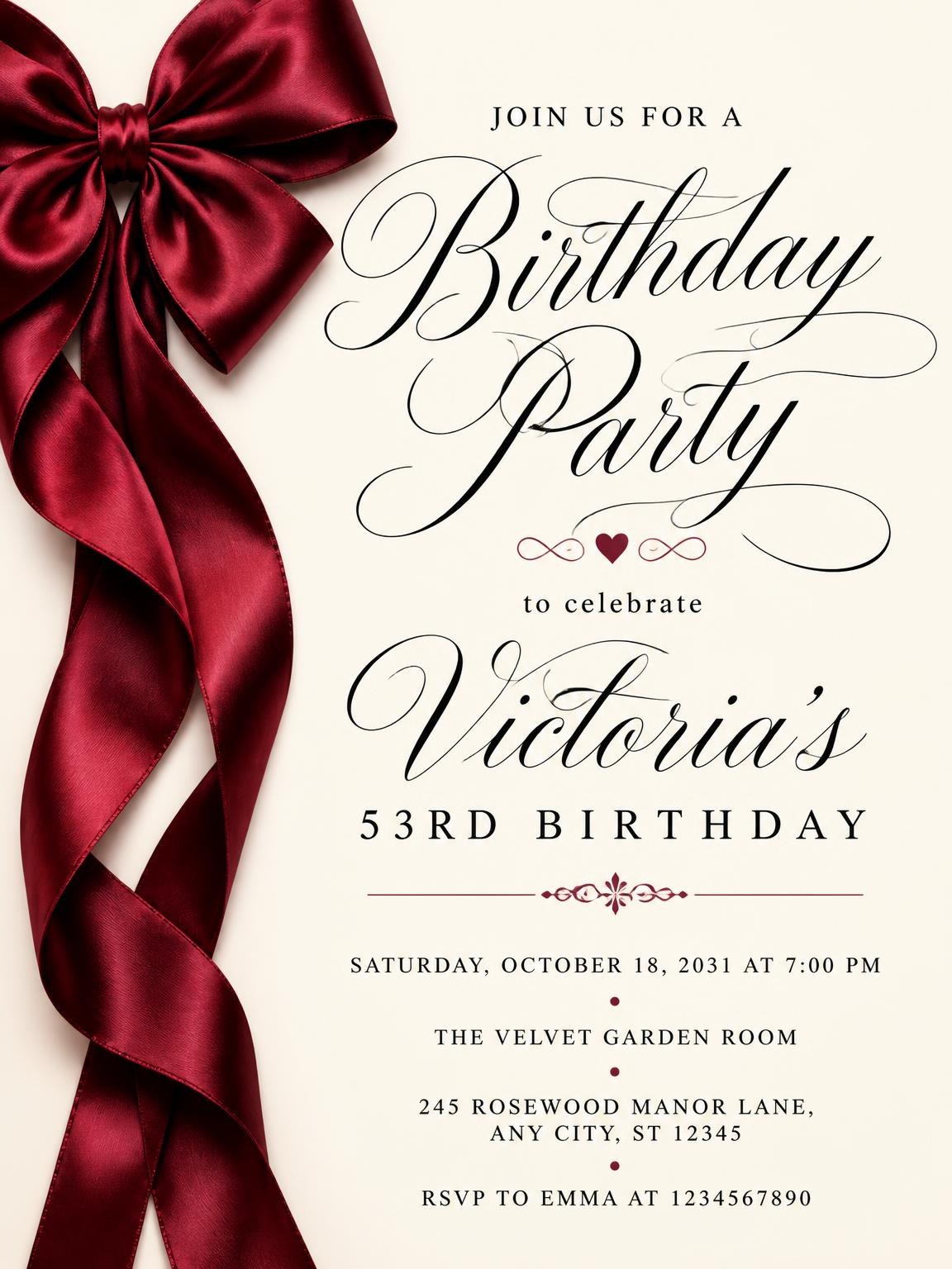 Burgundy Satin Bow 53rd Birthday Invitation