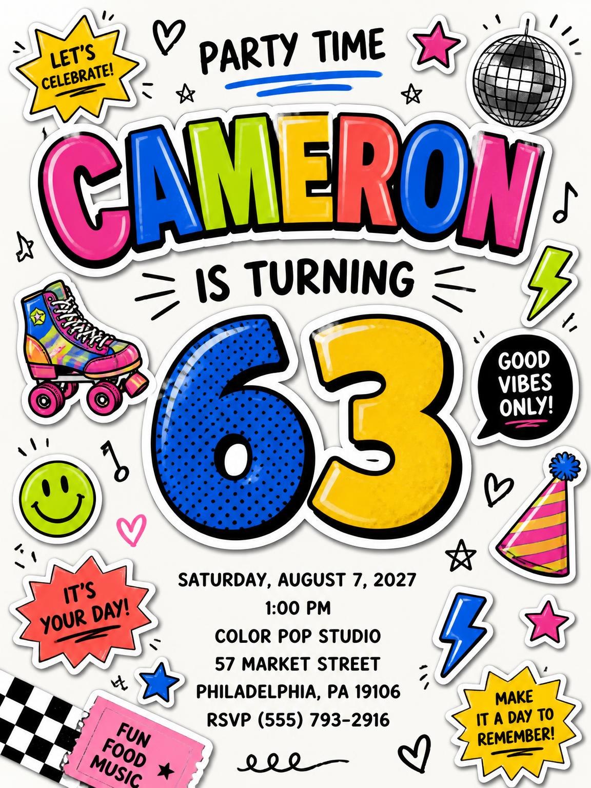 Sticker Pop 63rd Birthday Invitation