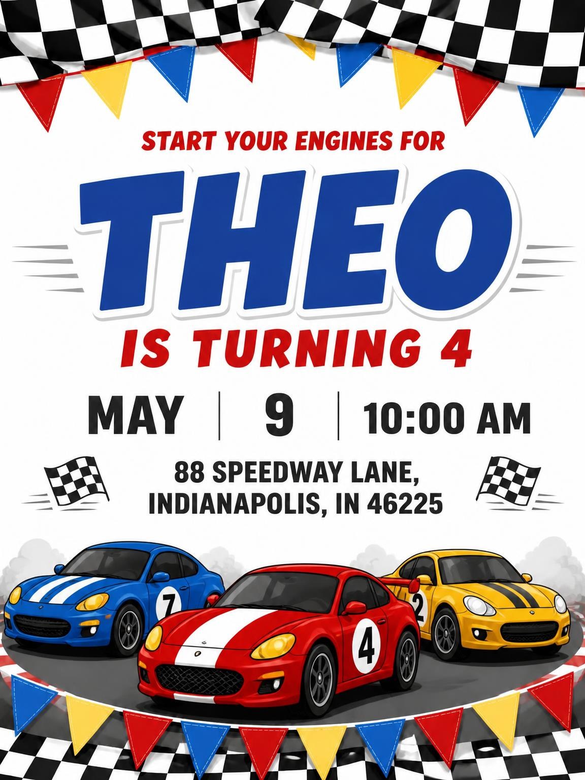 Cartoon Race Car 4th Birthday Invitation