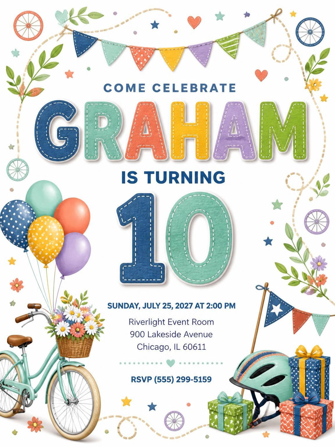 Stitched Bike Ride 10th Birthday Invitation