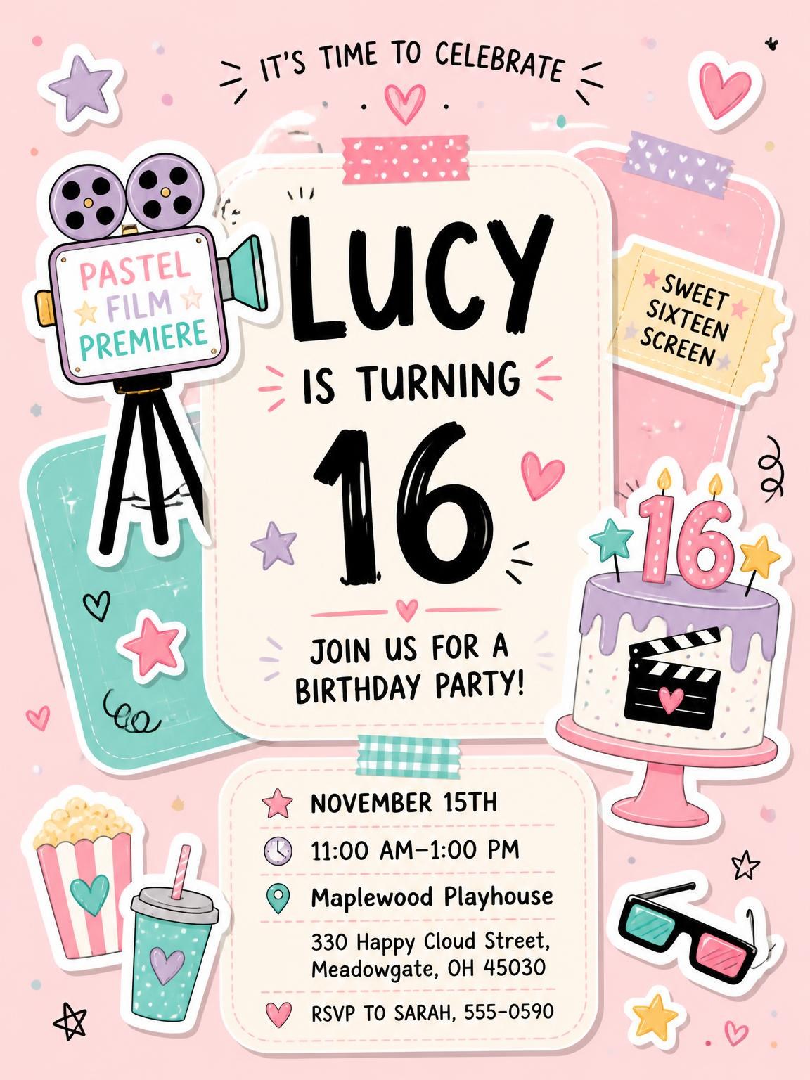 Movie Camera Pastel 16th Birthday Invitation