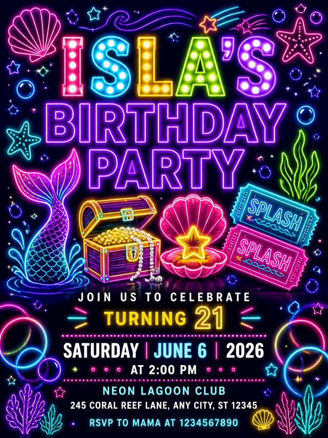 Neon Mermaid 21st Birthday Invitation