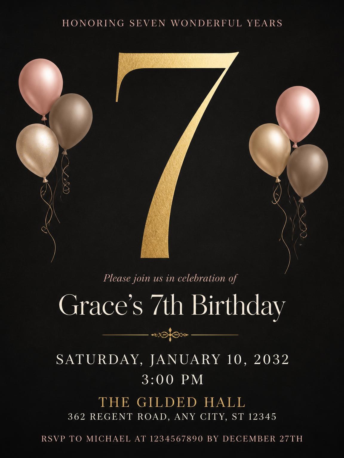 Charcoal and Blush 7th Birthday Invitation