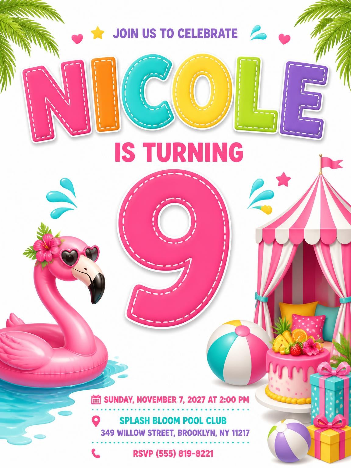 Stitched Flamingo Pool 9th Birthday Invitation