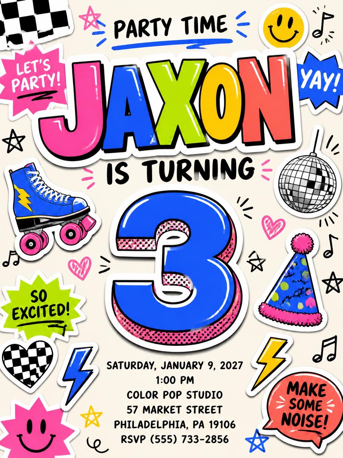 Sticker Pop 3rd Birthday Invitation