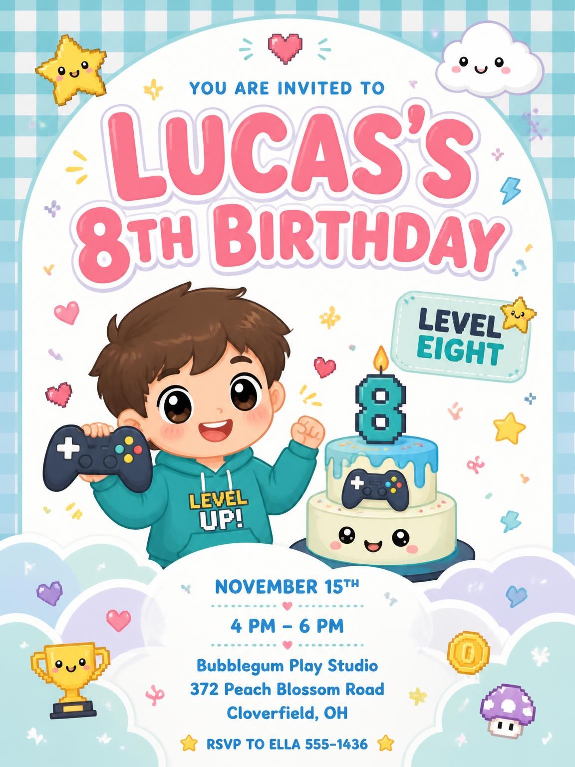 Pixel Game Kawaii 8th Birthday Invitation