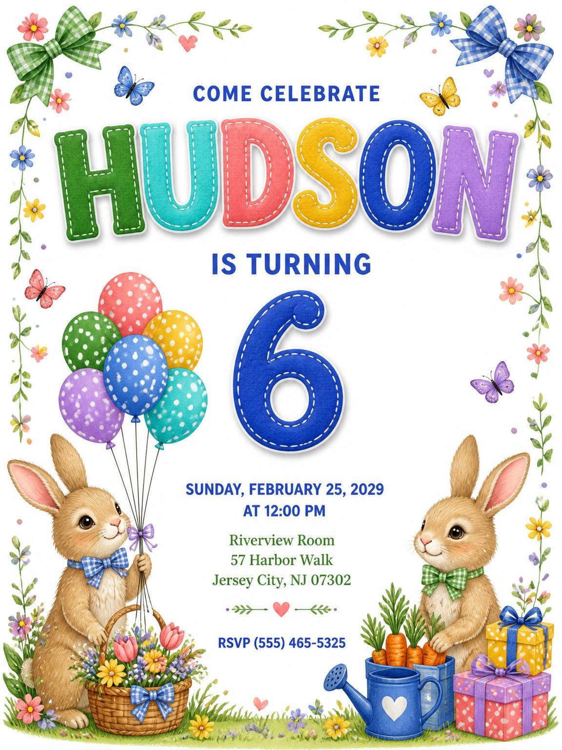 Stitched Bunny Garden 6th Birthday Invitation