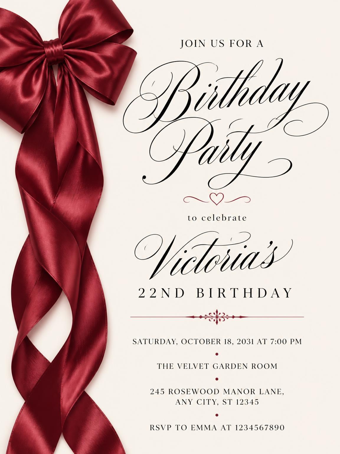 Burgundy Satin Bow 22nd Birthday Invitation