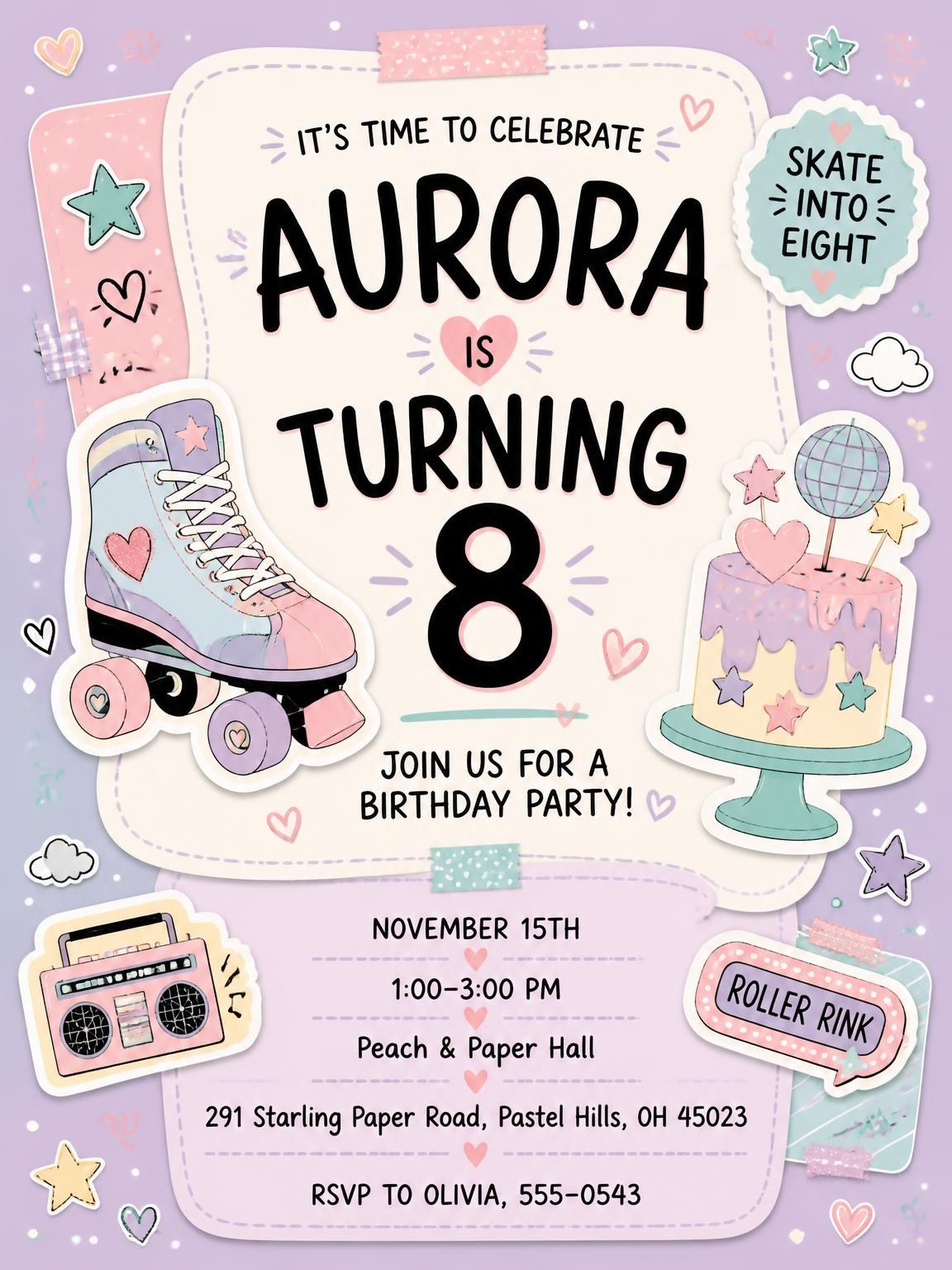 Roller Skate Pastel 8th Birthday Invitation
