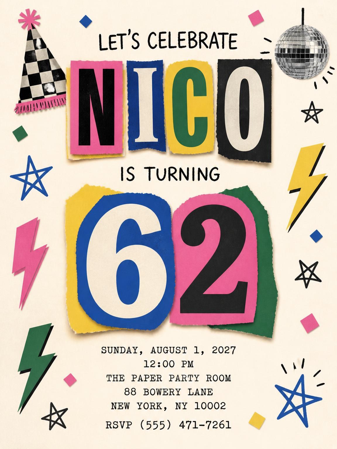 Retro Paper Collage 62nd Birthday Invitation