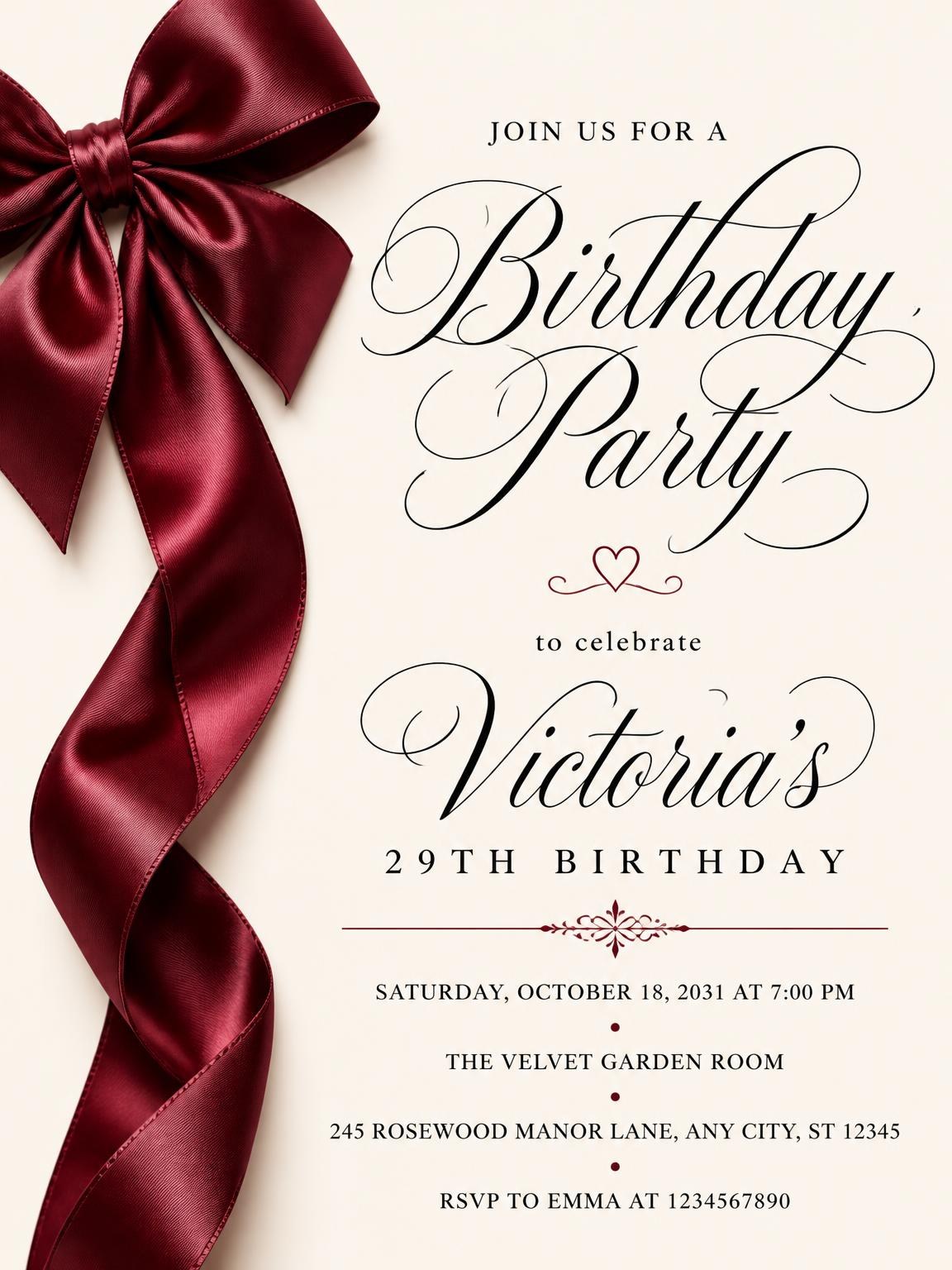 Burgundy Satin Bow 29th Birthday Invitation