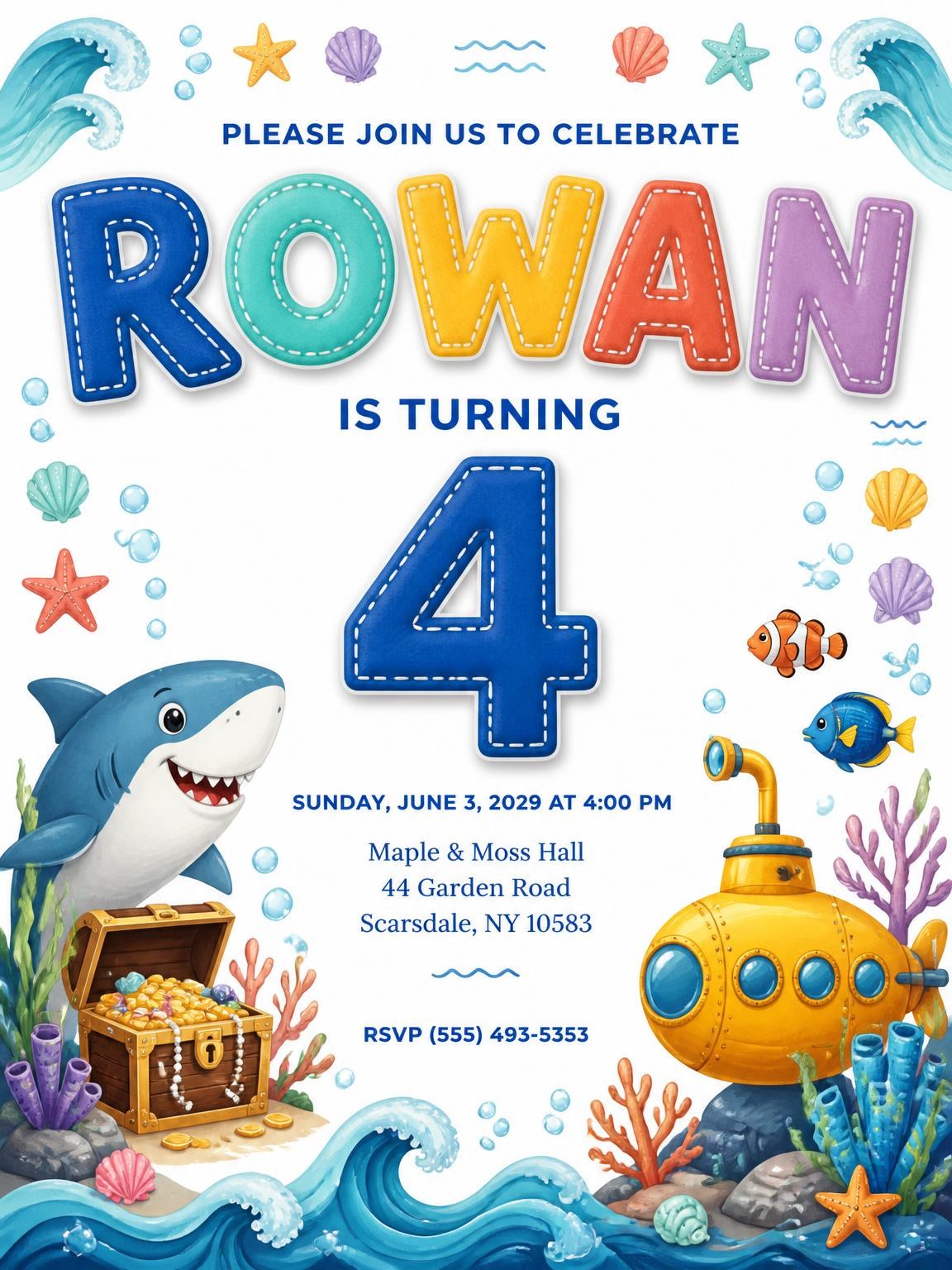 Stitched Shark 4th Birthday Invitation