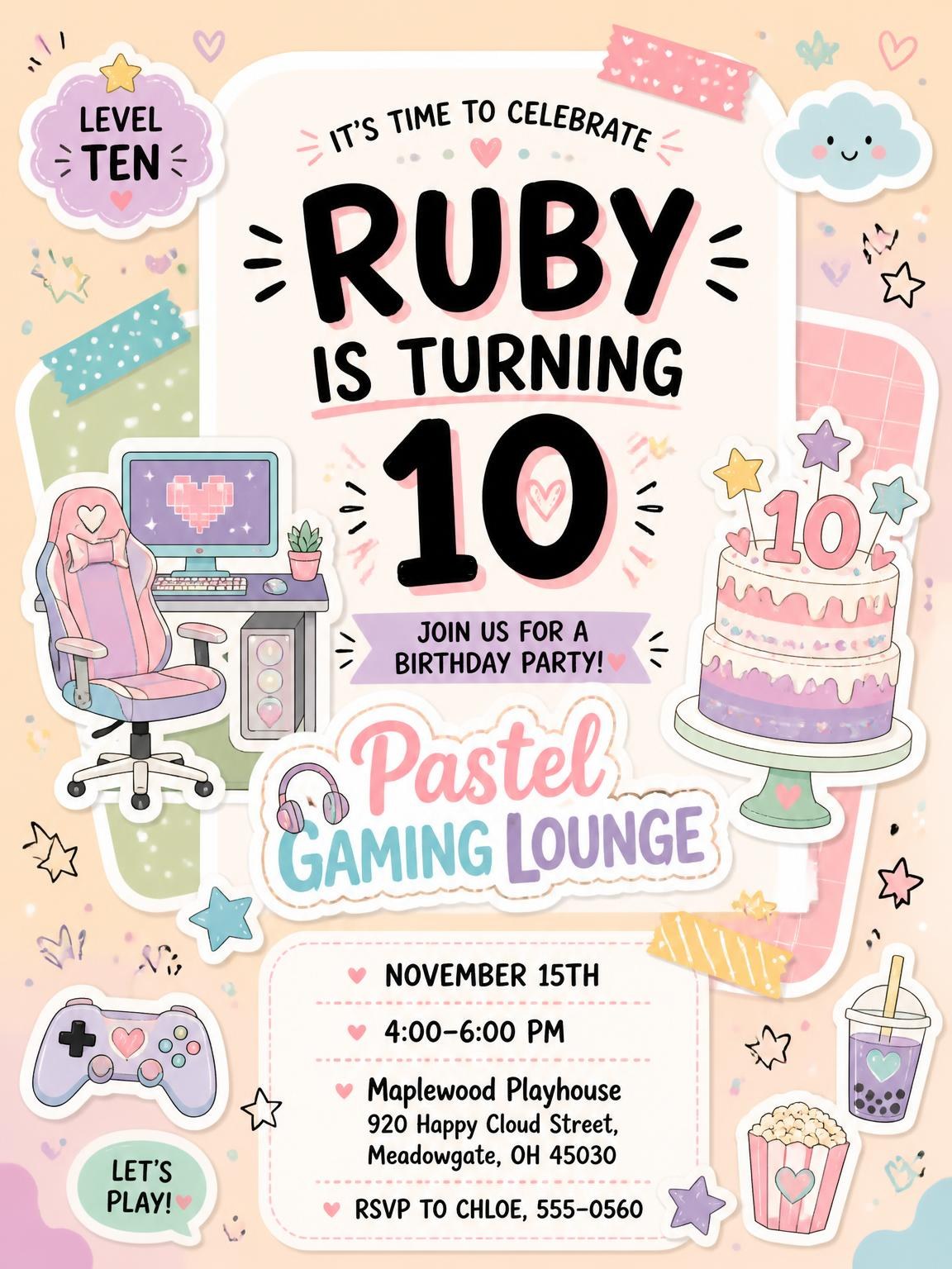 Pastel Gaming Lounge 10th Birthday Invitation
