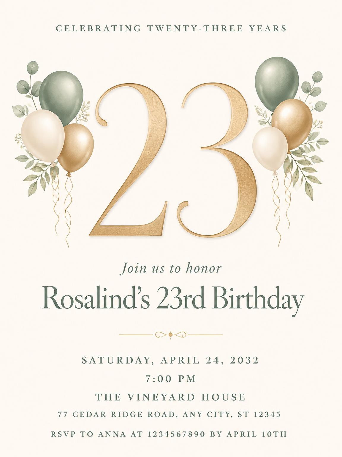 Sage and Ivory 23rd Birthday Invitation