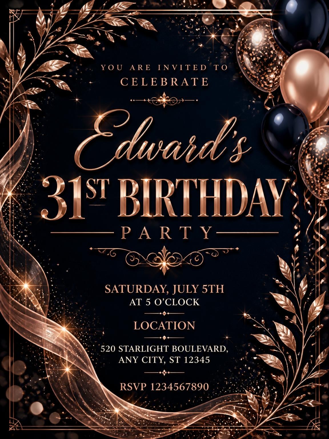 Navy and Rose Gold 31st Birthday Invitation