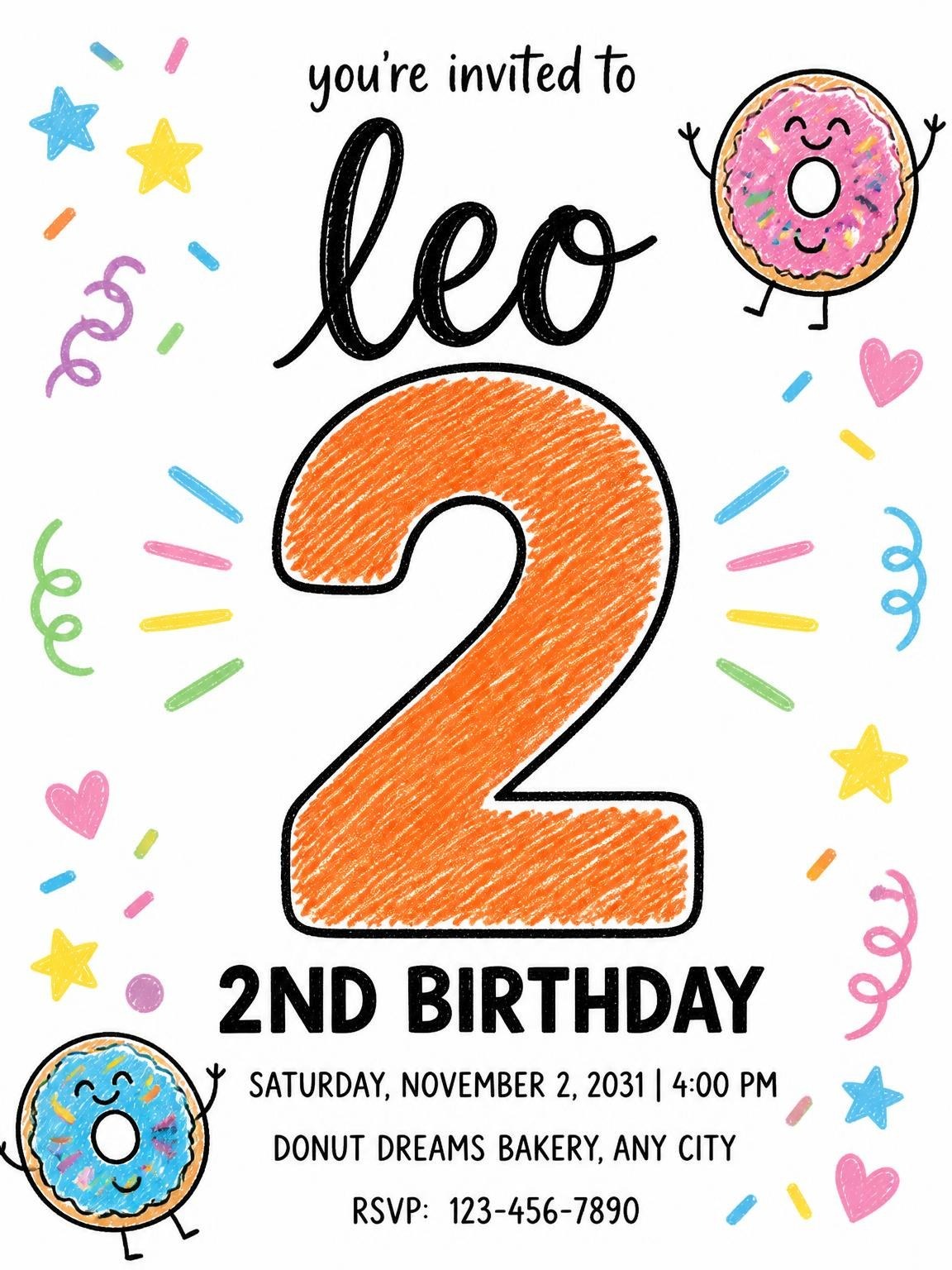 Crayon Donut Character 2nd Birthday Invitation