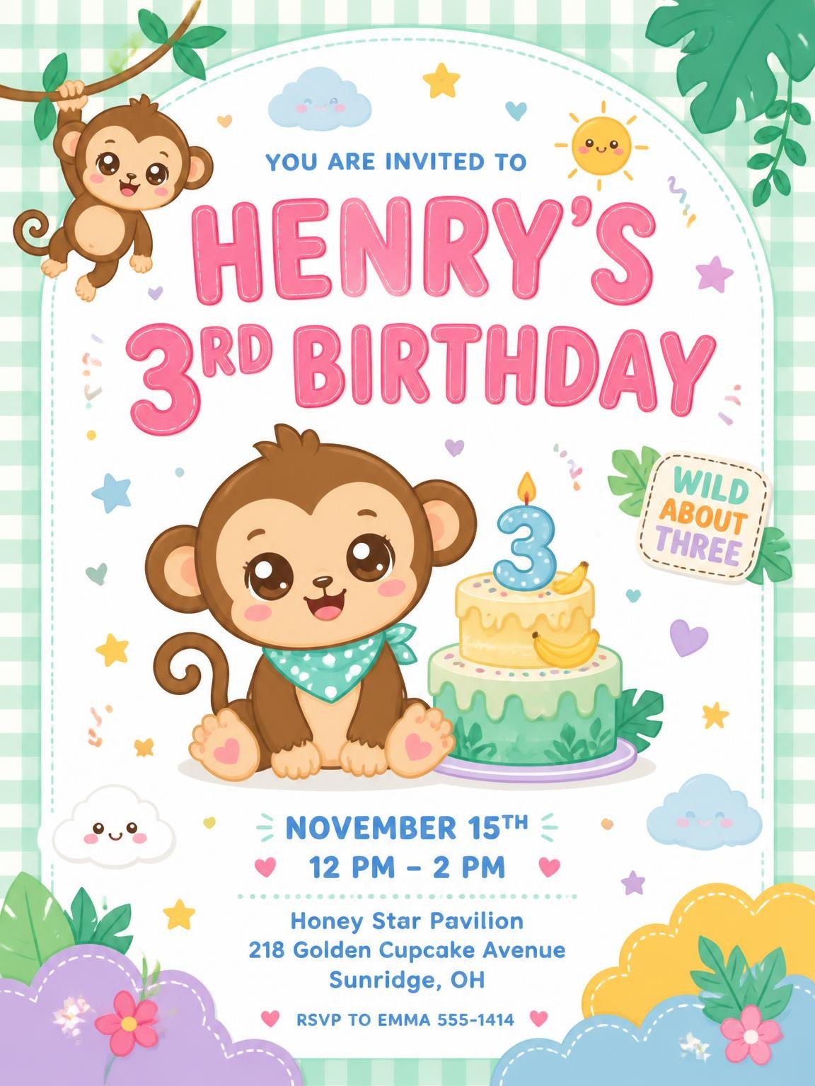 Hanging Monkey Kawaii 3rd Birthday Invitation