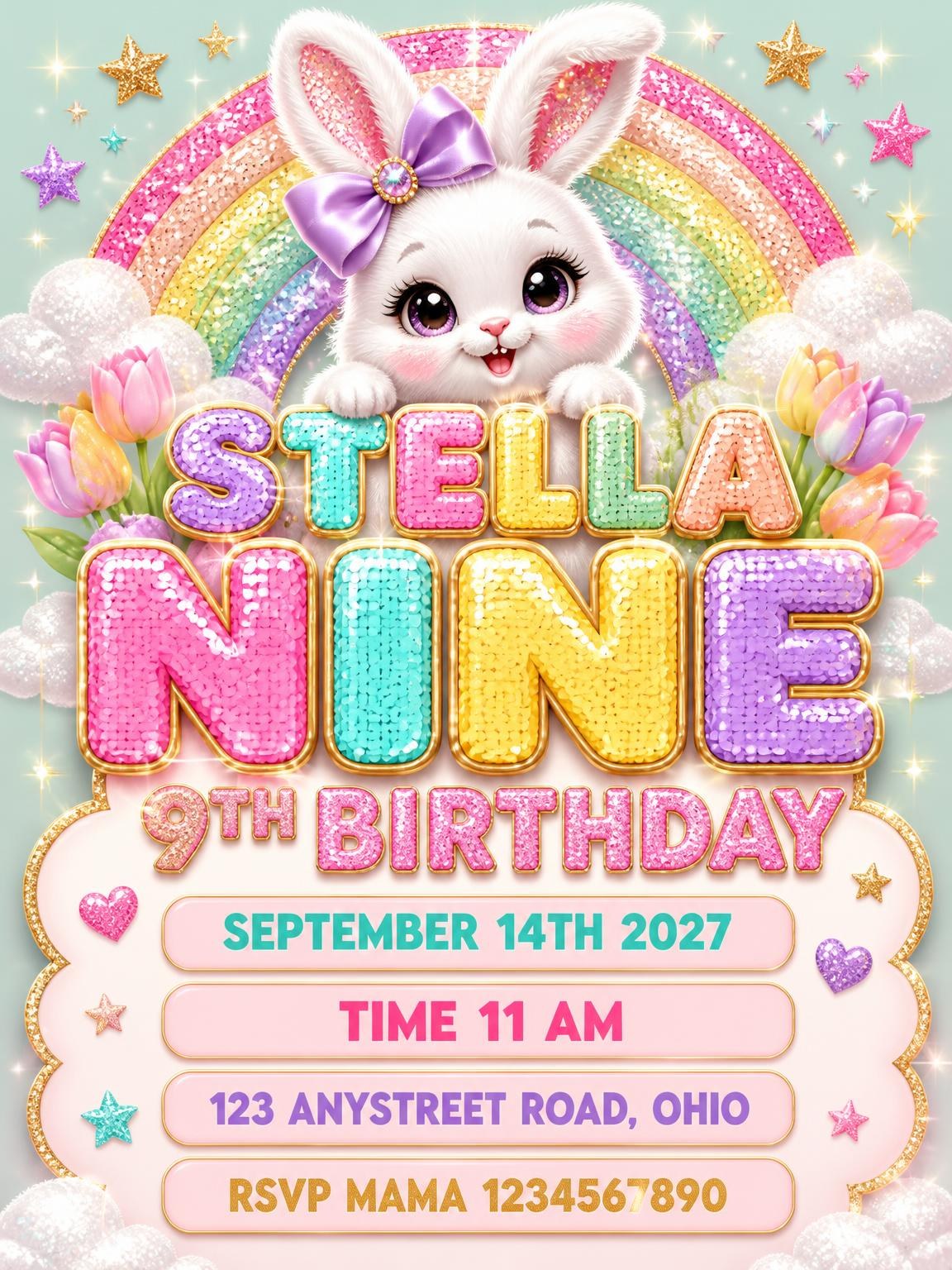 Glitter Sparkle Bunny 9th Birthday Invitation