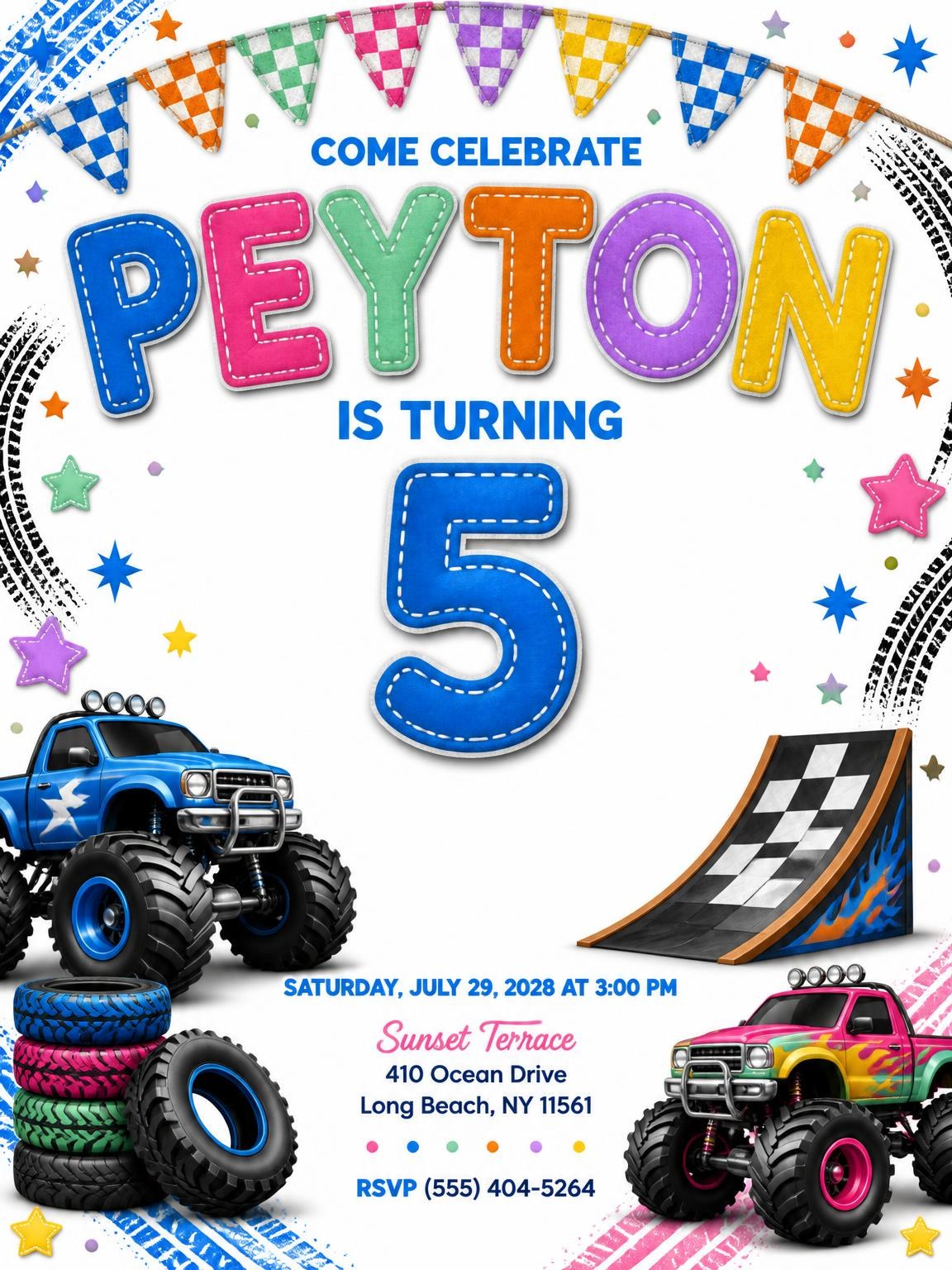 Stitched Monster Truck 5th Birthday Invitation