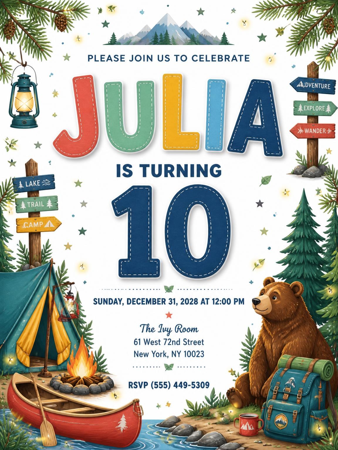 Stitched Camping 10th Birthday Invitation