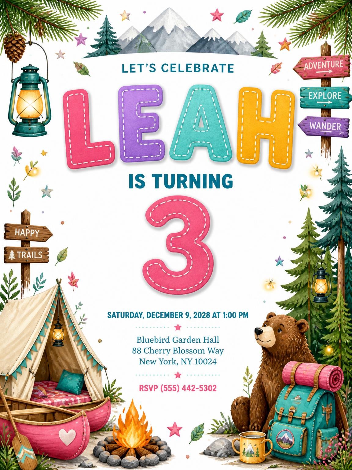 Stitched Camping 3rd Birthday Invitation
