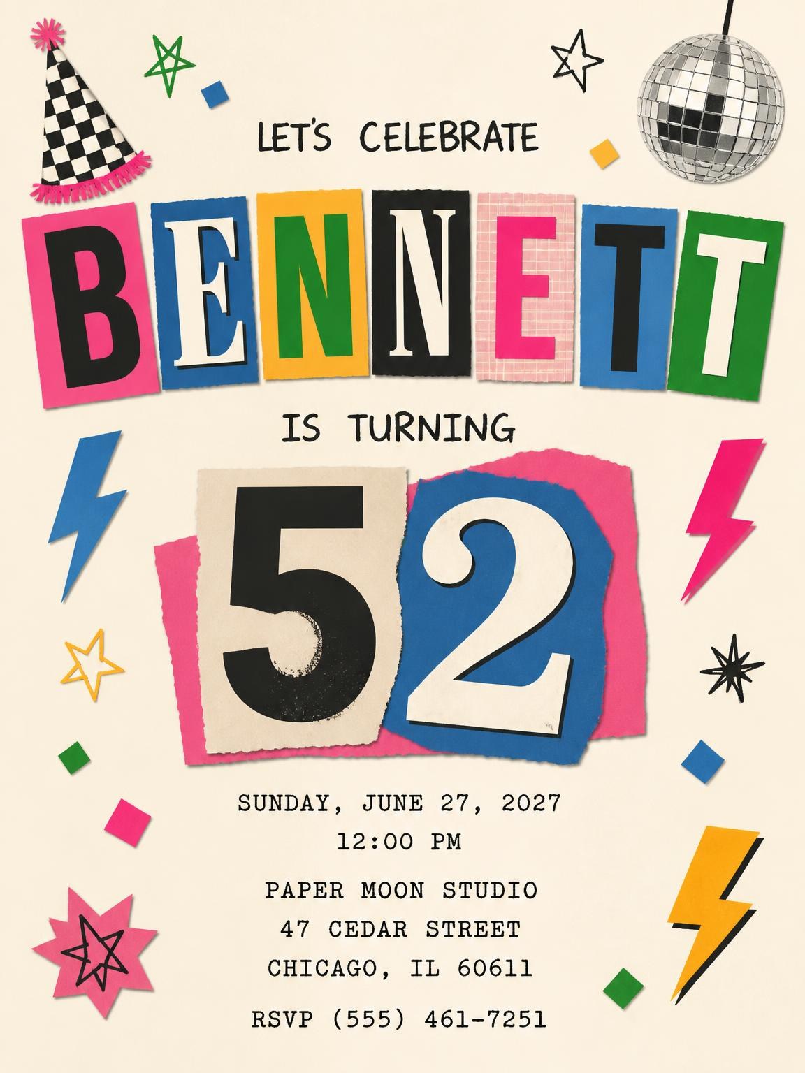 Retro Paper Collage 52nd Birthday Invitation