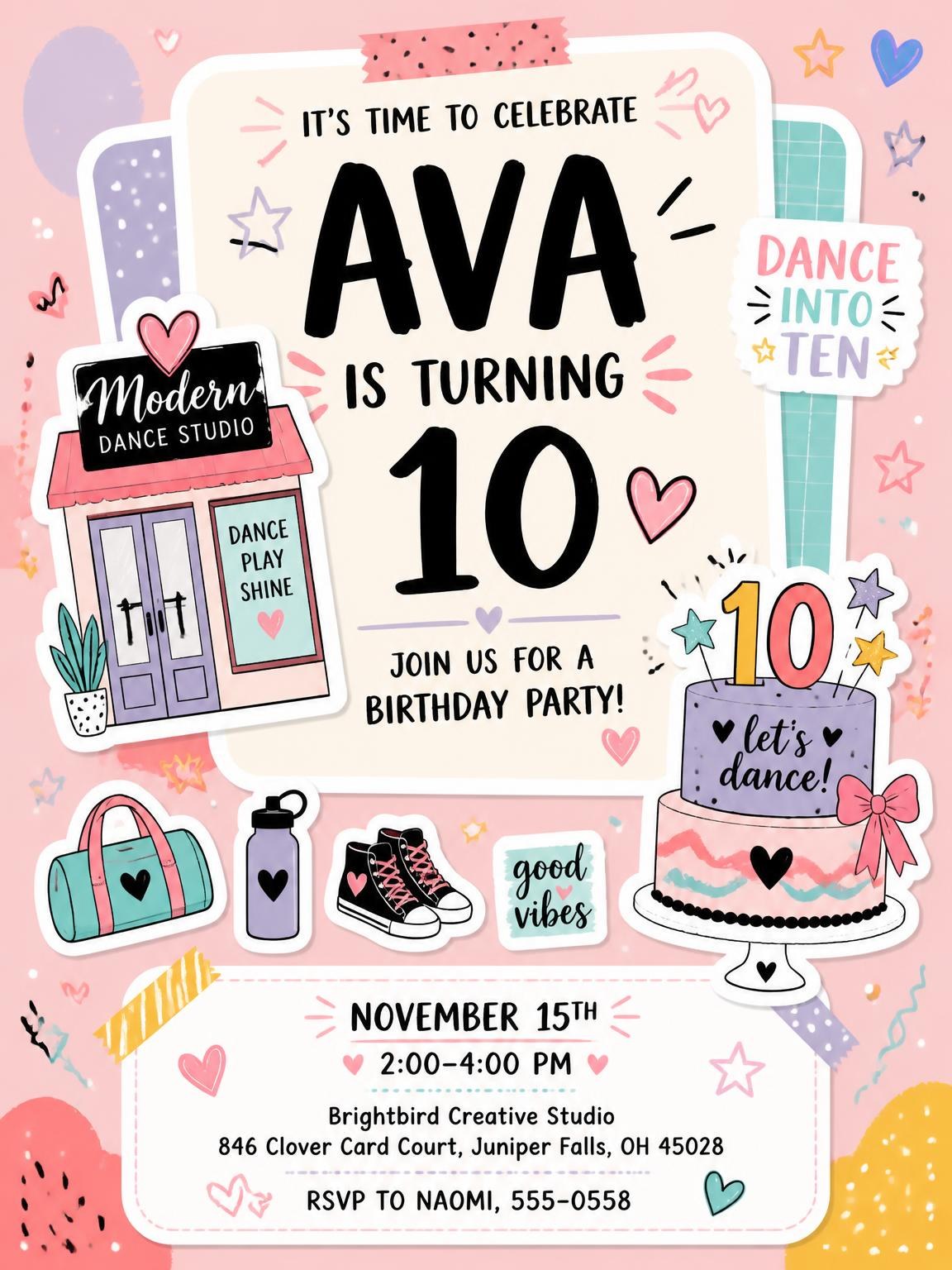 Dance Studio 10th Birthday Invitation