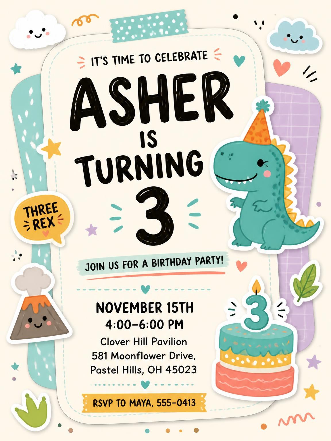 Pastel Green T-Rex 3rd Birthday Invitation