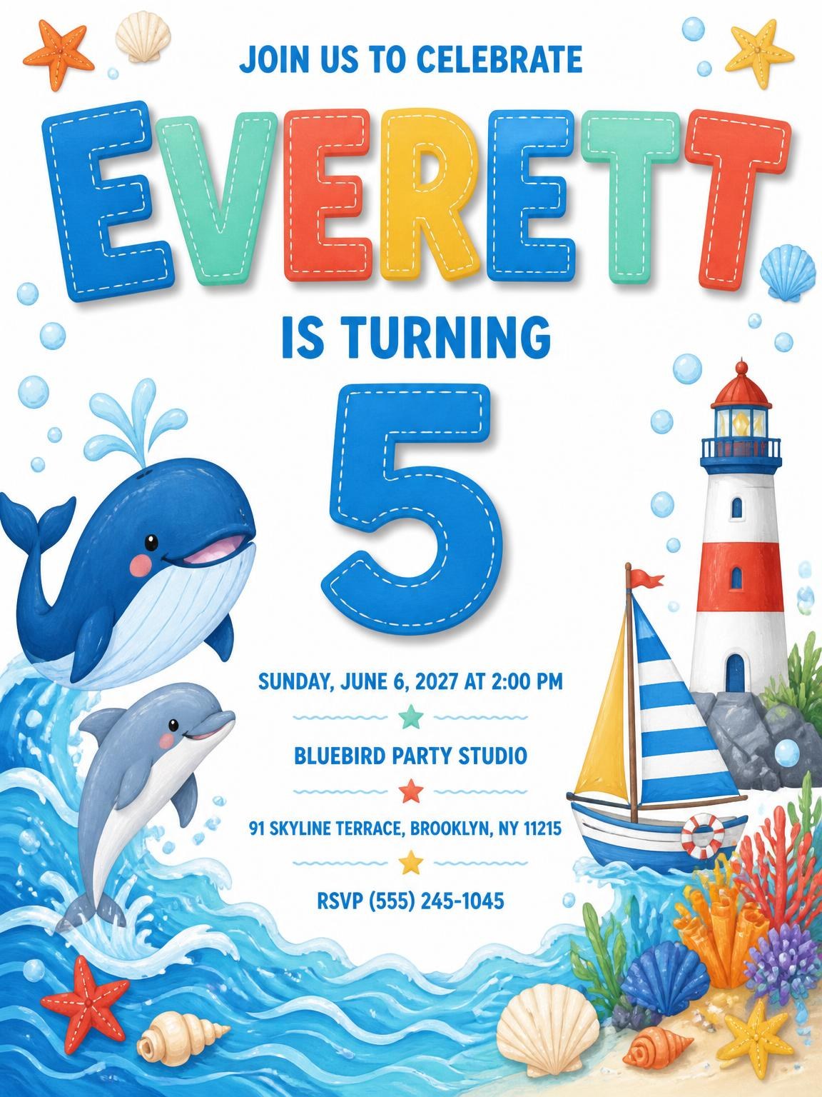 Jumping Dolphin 5th Birthday Invitation