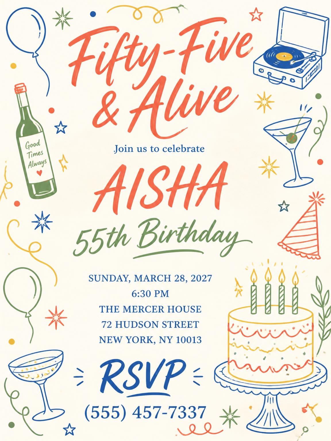 Retro Doodle 55th Birthday Invitation