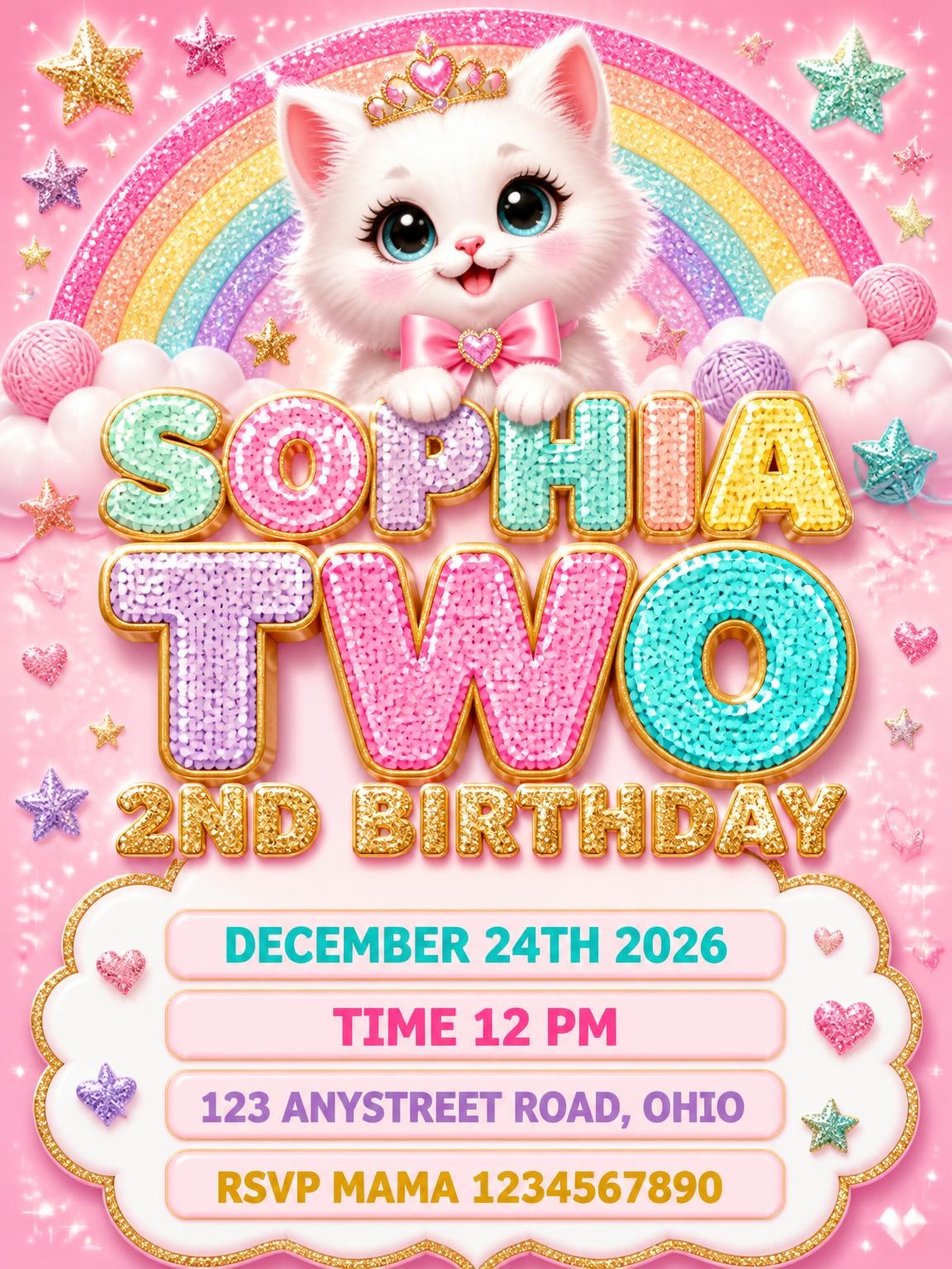 Glitter Kitty Cat 2nd Birthday Invitation