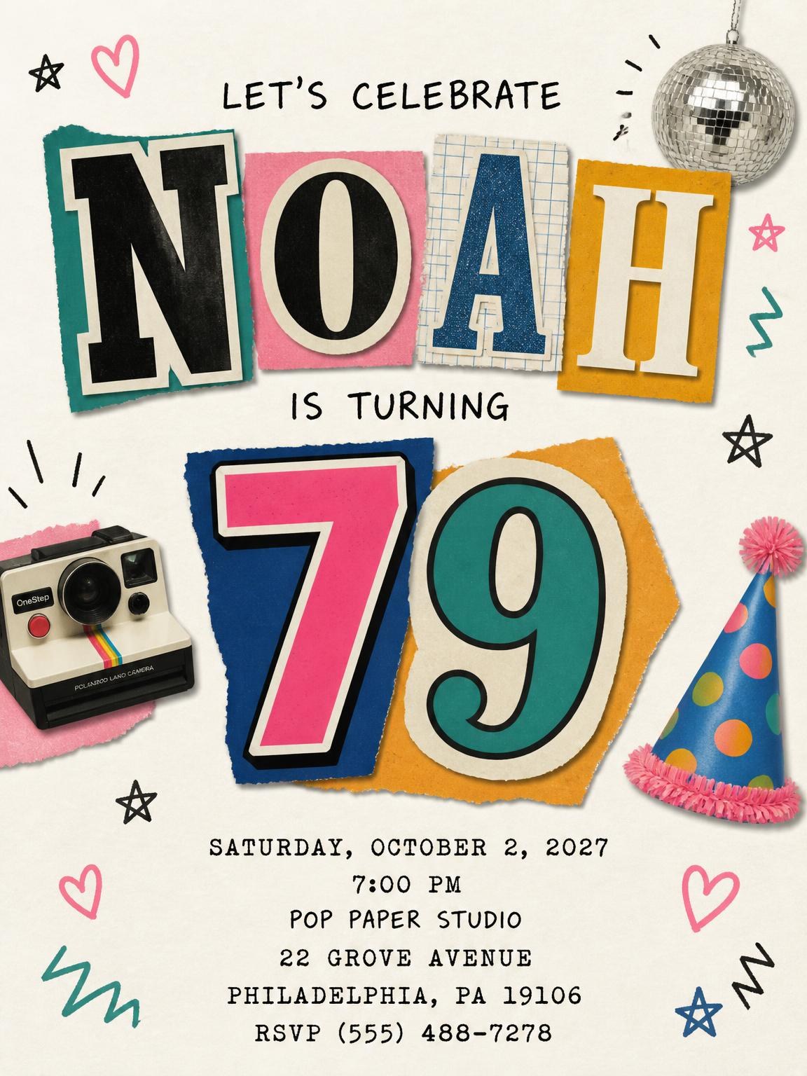 Retro Paper Collage 79th Birthday Invitation