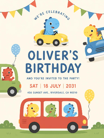 Dinosaur Road Trip 3rd Birthday Invitation