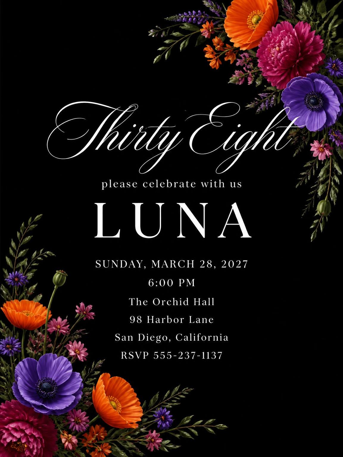 Black Floral 38th Birthday Invitation