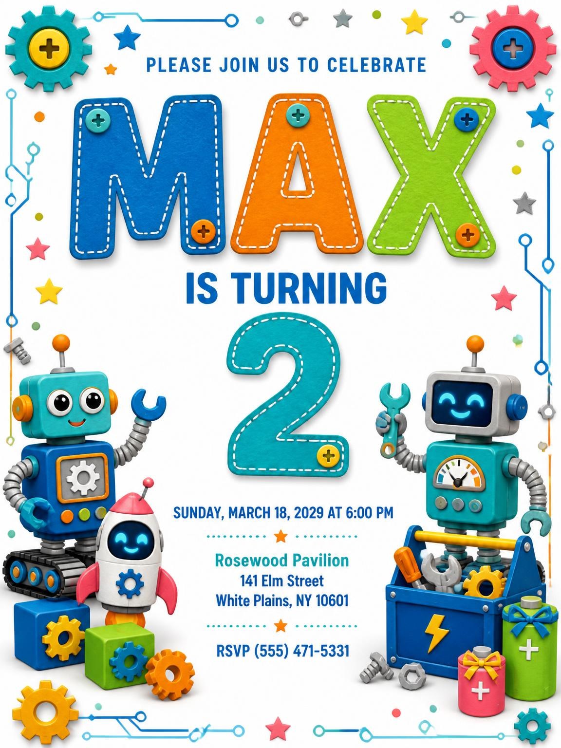 Stitched Robot 2nd Birthday Invitation