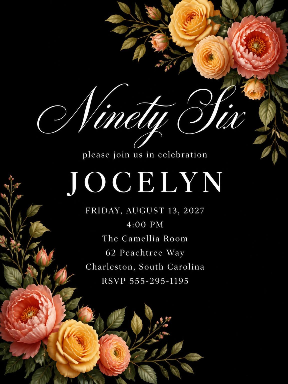 Black Floral 96th Birthday Invitation