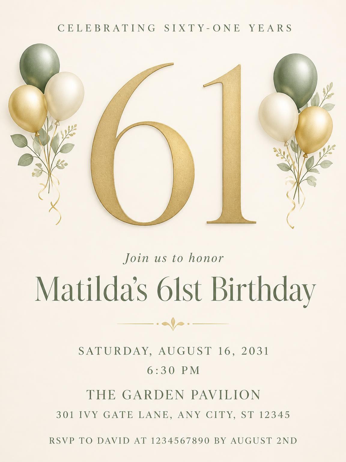 Sage and Ivory 61st Birthday Invitation