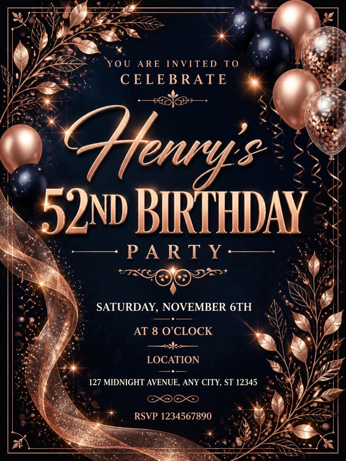 Navy and Rose Gold 52nd Birthday Invitation