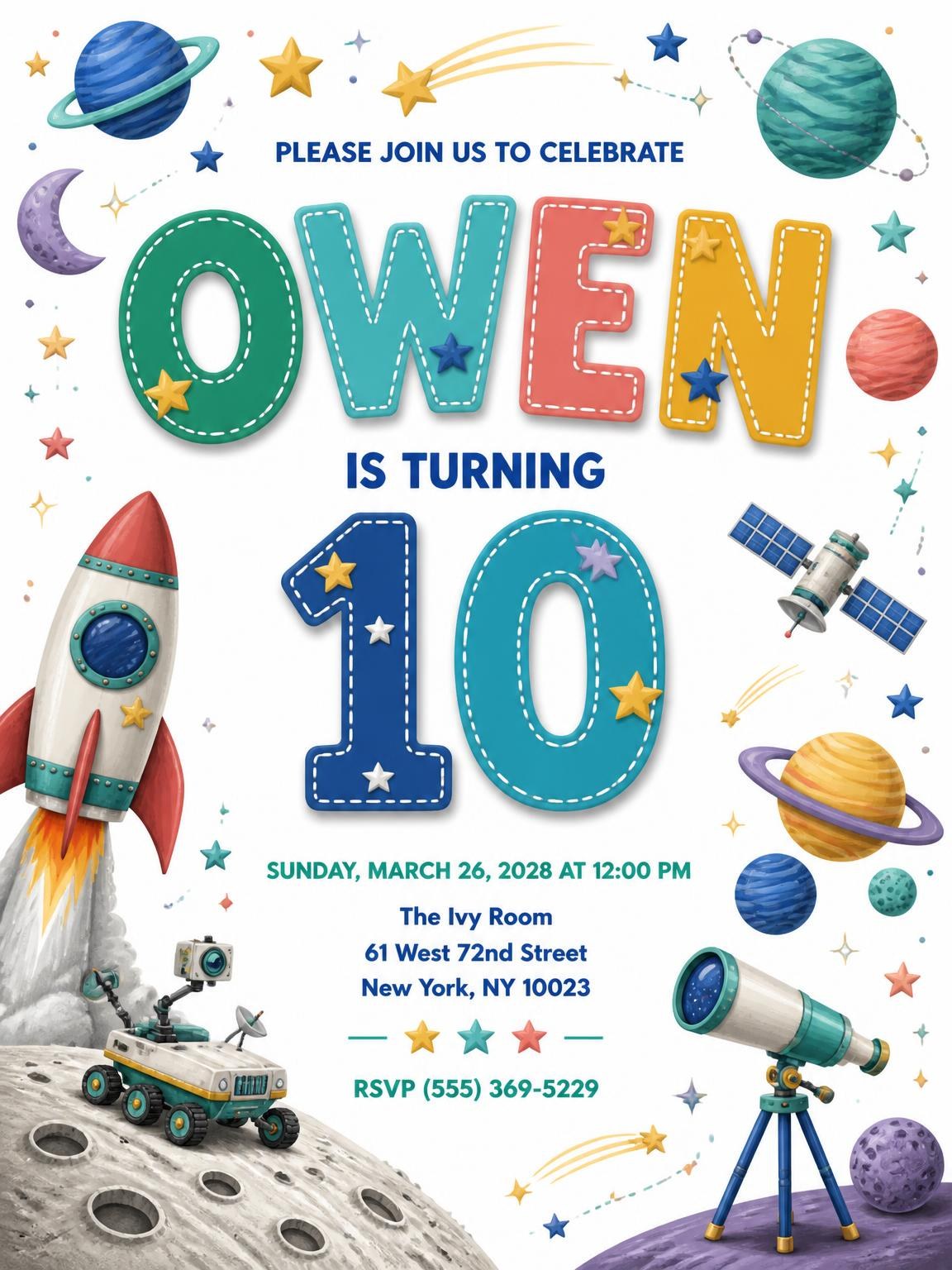 Stitched Space 10th Birthday Invitation