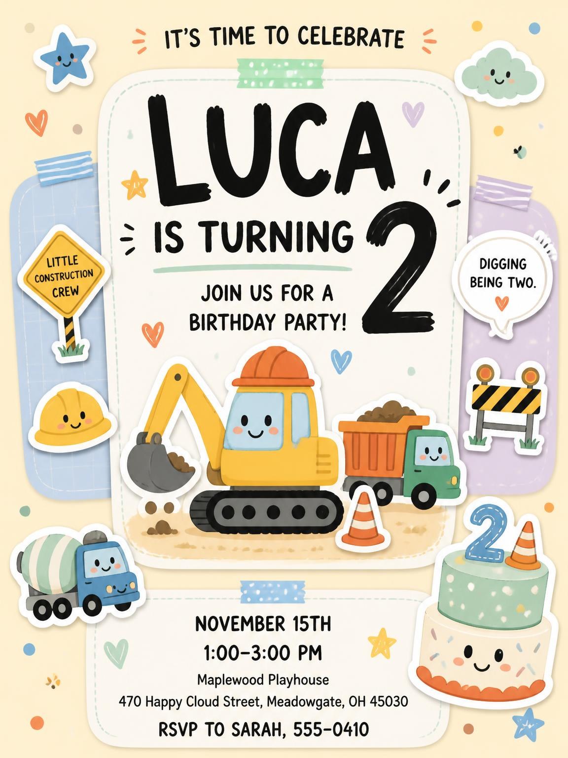 Dump Truck Pastel 2nd Birthday Invitation